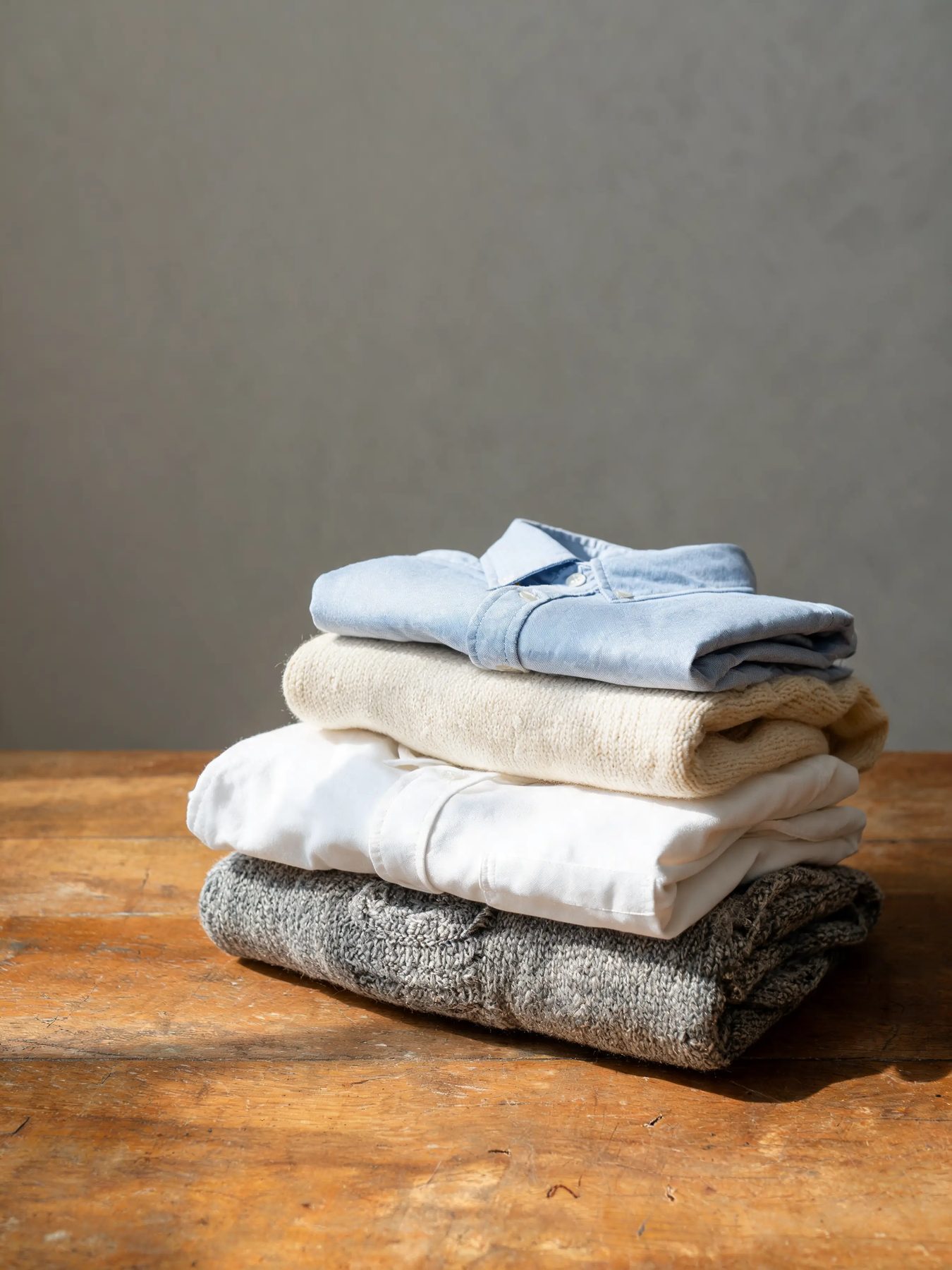 Folded knitwear and shirts stacked on a worn oak table