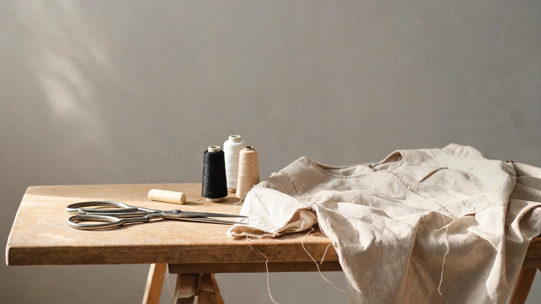 Workroom bench with shears, chalk and thread